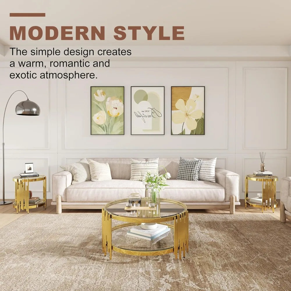 MKDK 3 Piece Glass and Stainless Steel Coffee Table Set With End Tables
