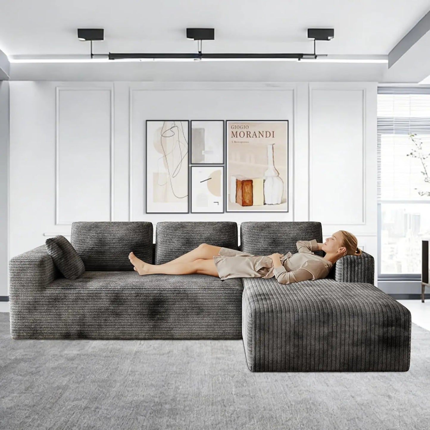 Corduroy Sectional Couch L Shaped Cloud Foam Sofa With Chaise