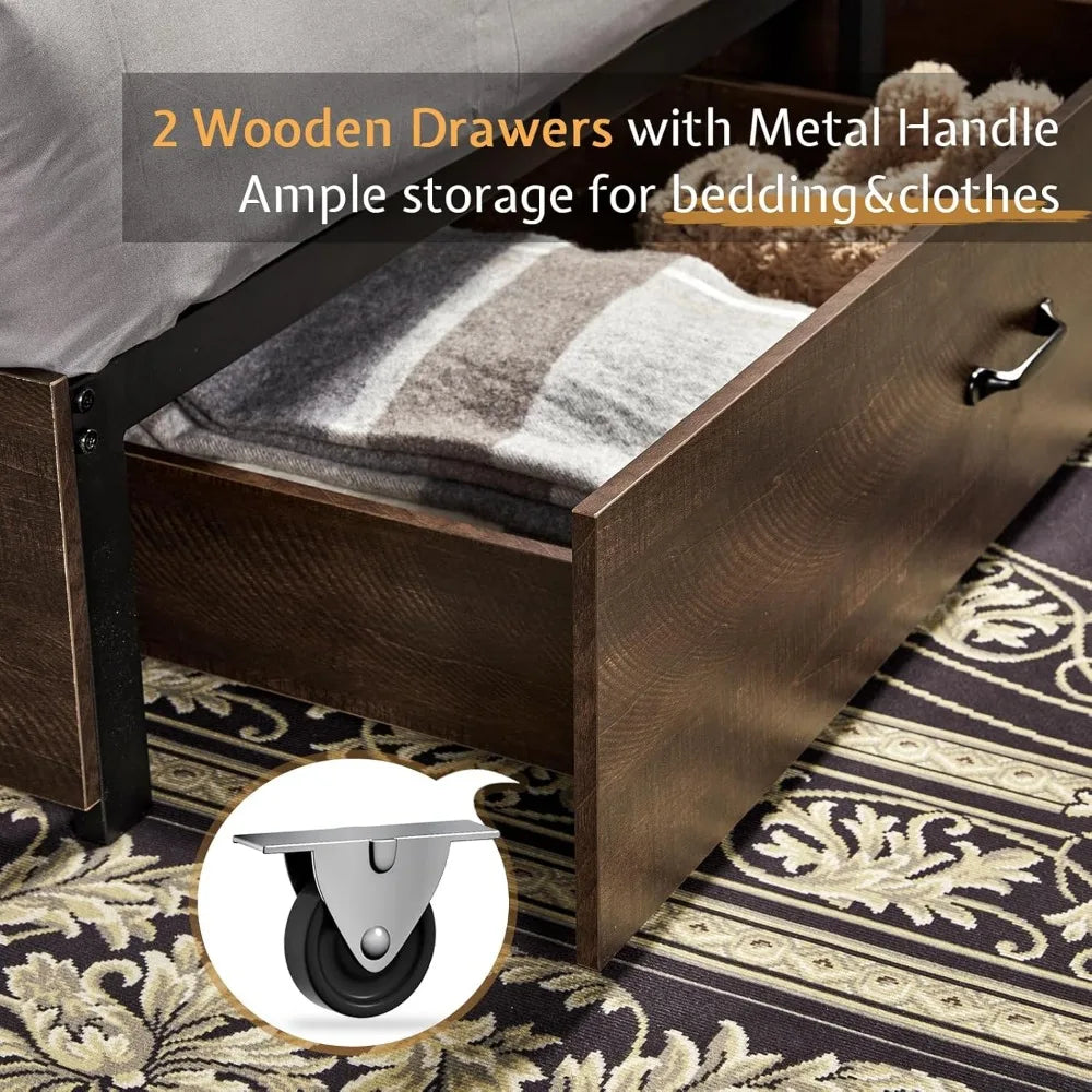 RBXC Bed Frame With Bookcase Headboard 2 Drawers And Charging Station