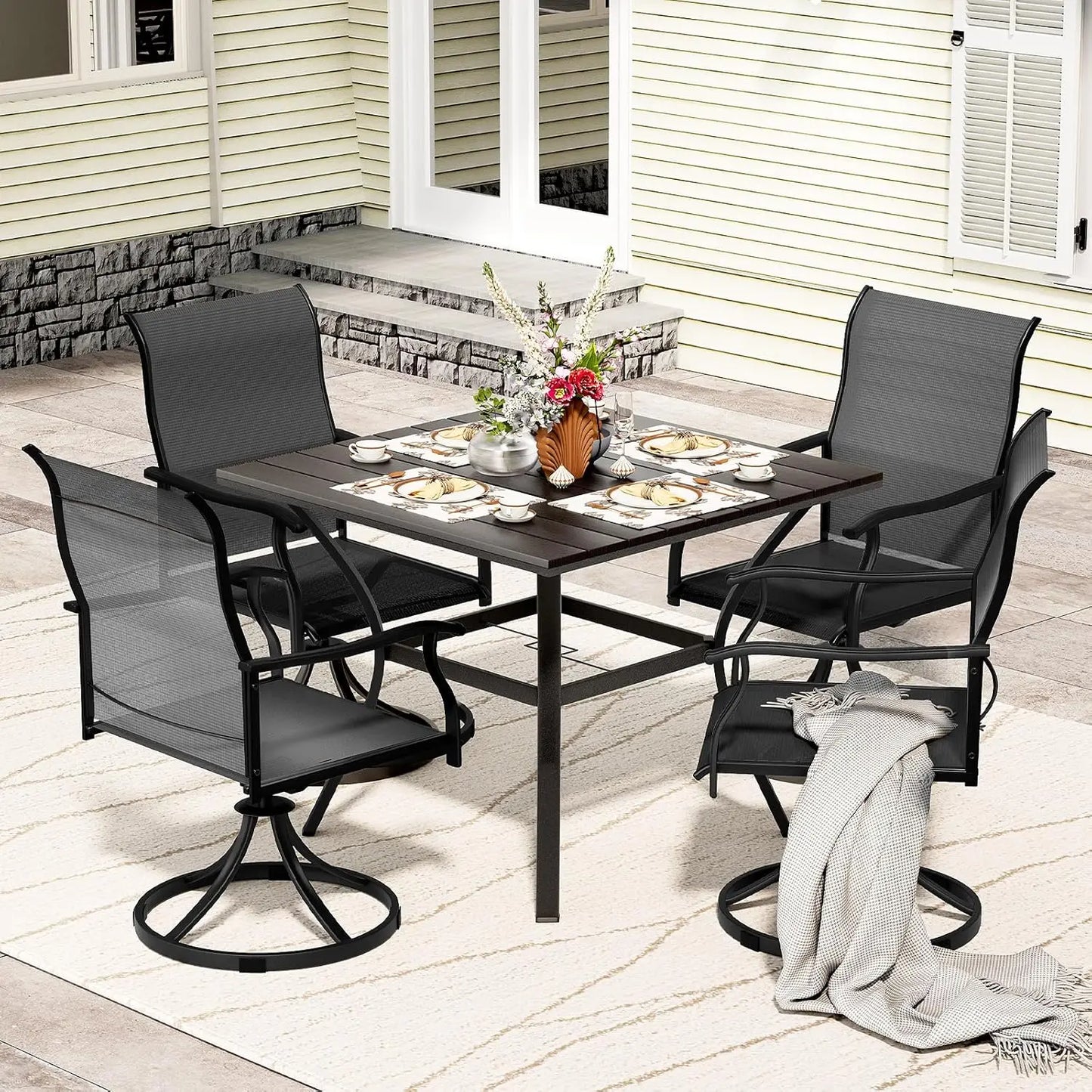 Outdoor Patio Dining Set With 4 Swivel Dining Chairs And Round Table