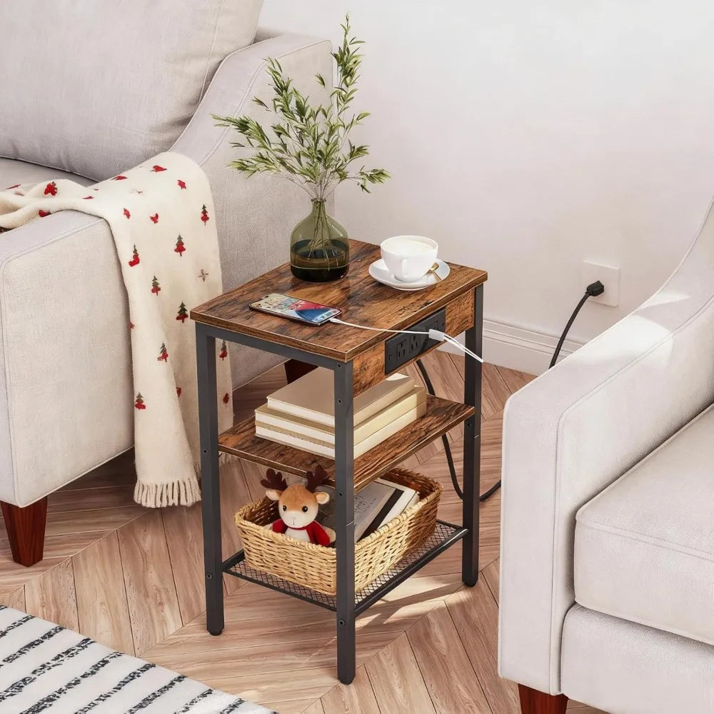 Compact Side Table With Charging Station USB Ports Adjustable Shelves