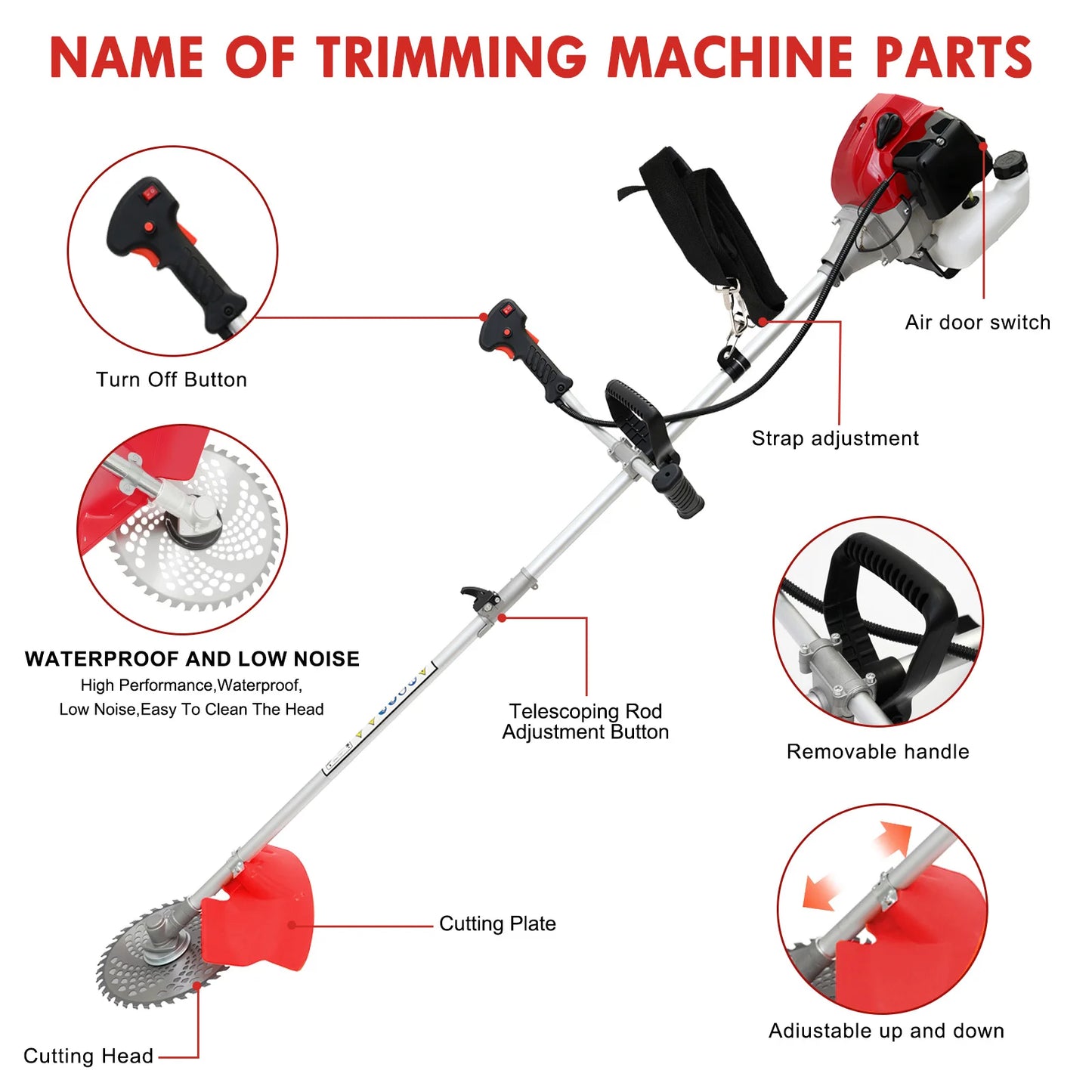 52cc Gasoline Lawn Mower 2 Stroke 4 In 1 Adjustable Straight Shaft