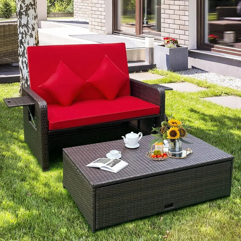 Patiojoy Outdoor Rattan Daybed Wicker Loveseat Set Deluxe