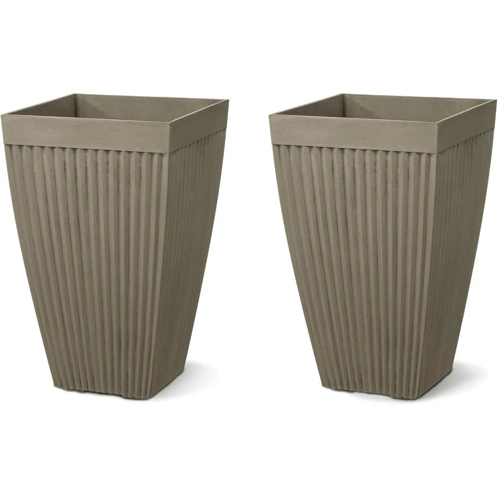Glitzhome Set of 2 Garden Outdoor Planter Pots for Plants, 23" H Large Faux Concrete Fluted Tall Planter with Drainage Hole, Dec