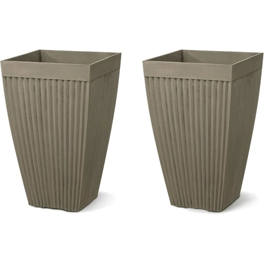 Glitzhome Set of 2 Garden Outdoor Planter Pots for Plants, 23" H Large Faux Concrete Fluted Tall Planter with Drainage Hole, Dec