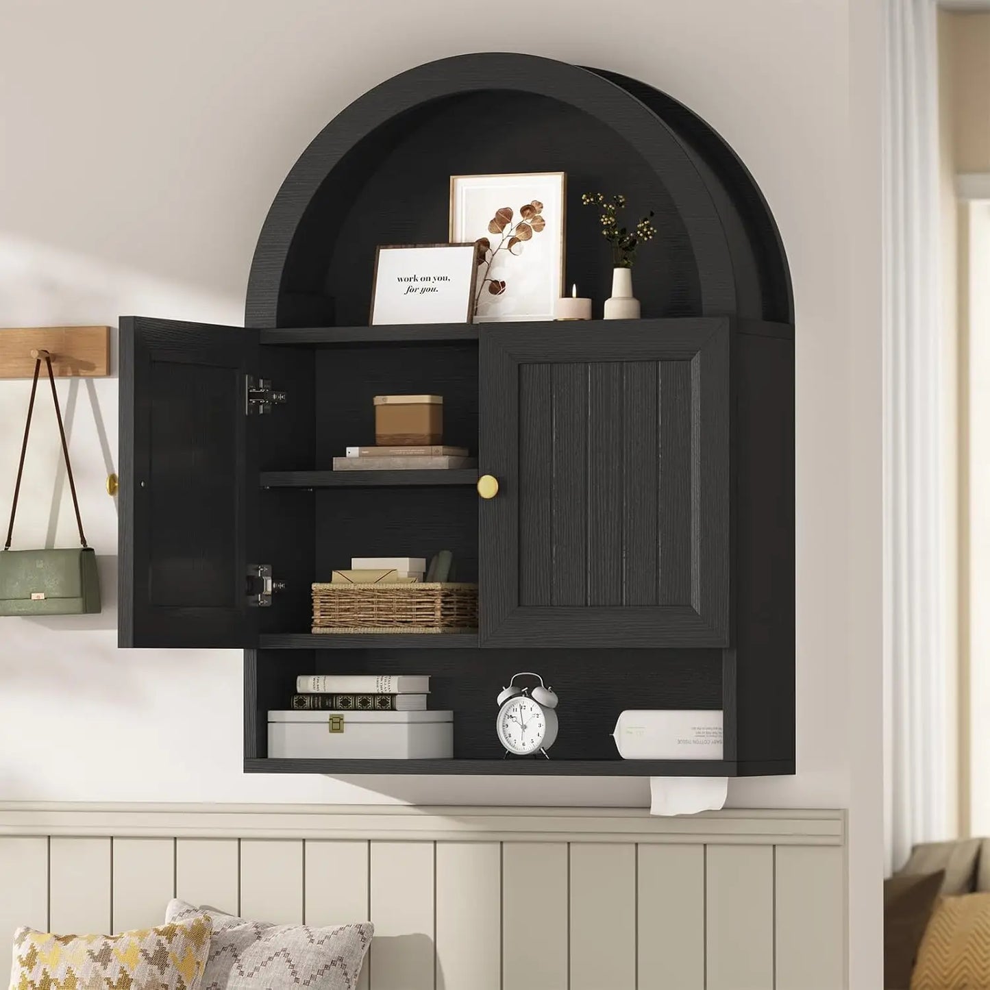 Arched Wall Cabinet Over Toilet With Grille Door And Adjustable Shelf