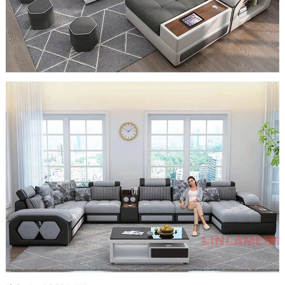MANBAS U Shaped Fabric Sofa Set With Storage And USB