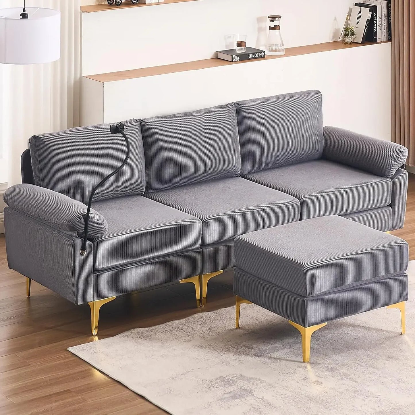 U-Shaped Corduroy Convertible Sofa Set With Lounge Chair And Footstool