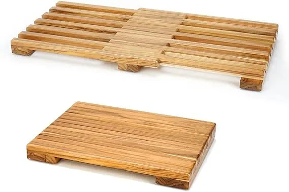 Teak Shower Mat - Adjustable Length Wooden Bathroom Mats for Inside Shower with Non-Slip Rubber Outdoor Floor Mat for Spa, Sauna