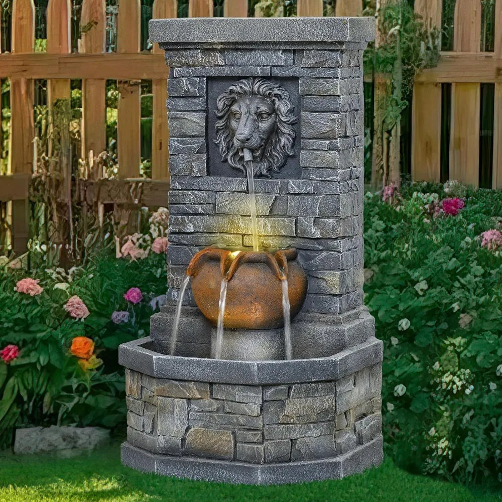 Desgmomy Lion Head Outdoor Water Fountain Garden Lights