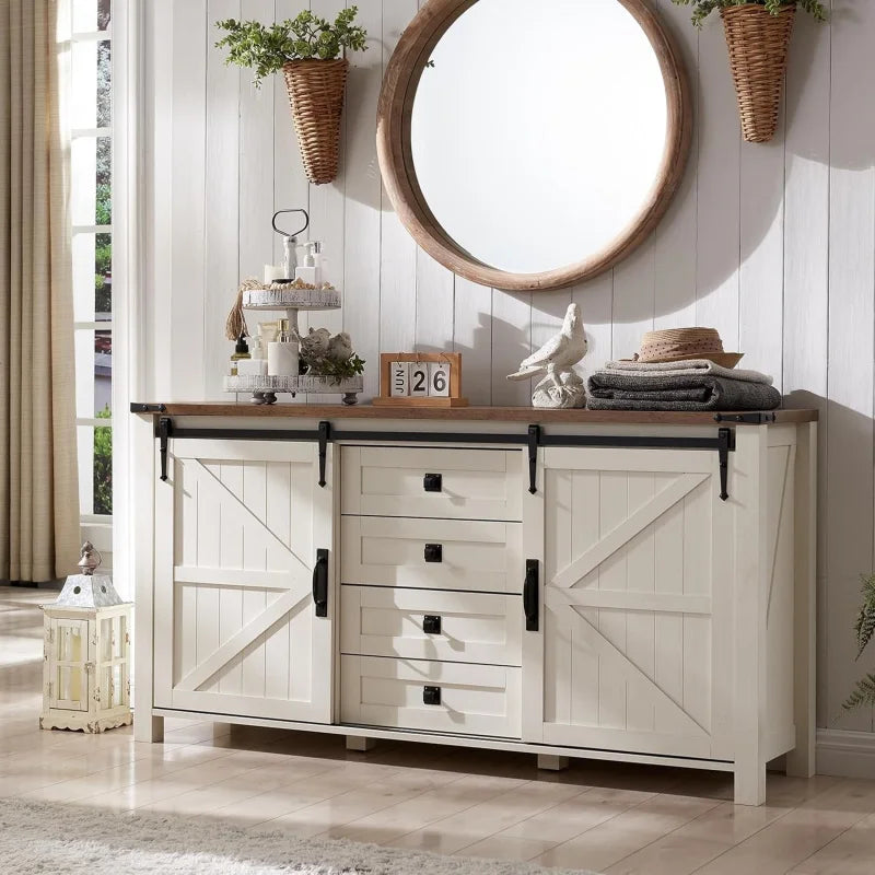 T4TREAM Farmhouse Sideboard Buffet With Storage Sliding Barn Door 4 Drawers