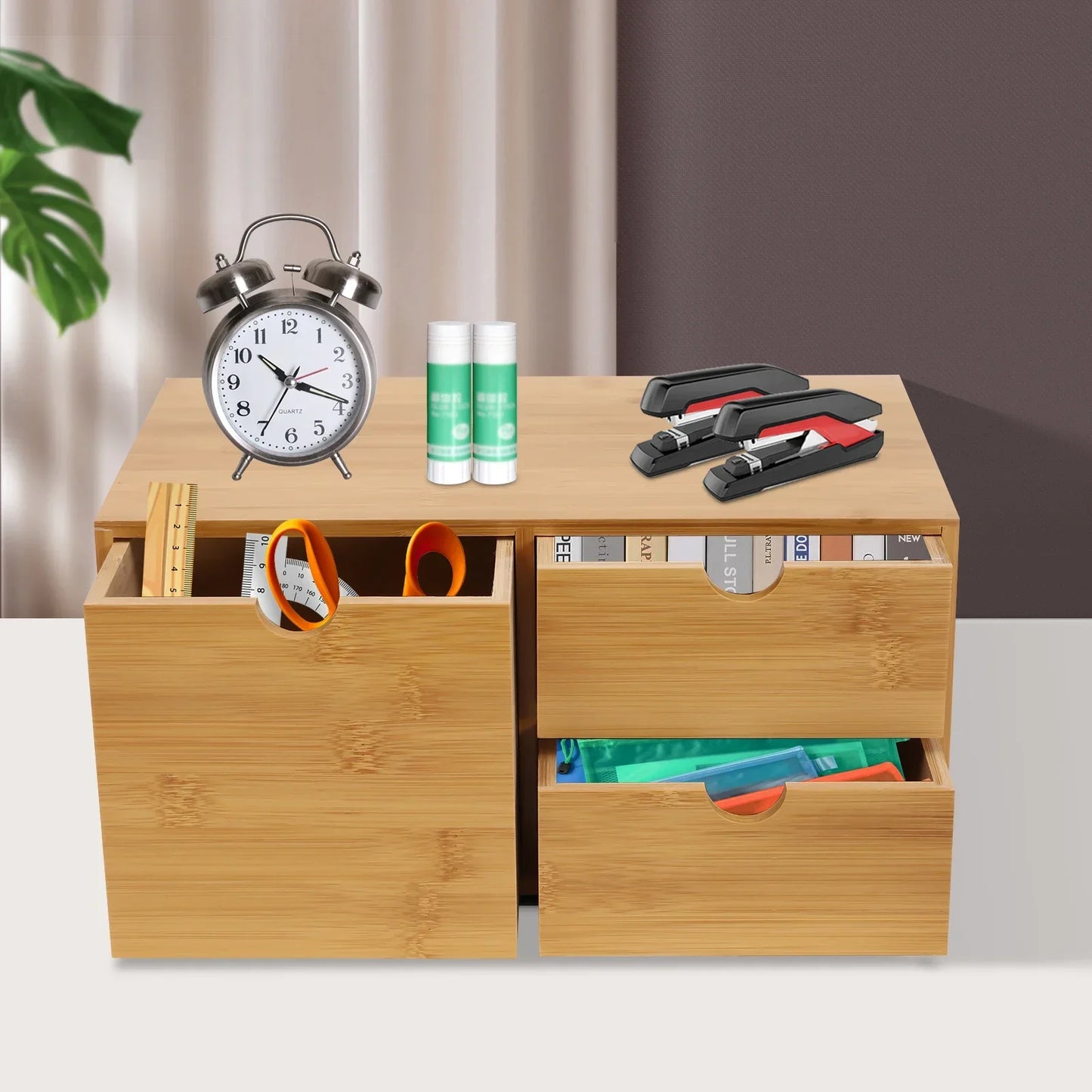 Bamboo Drawer Box, Bamboo Desk Organiser W|Drawers, Mini Chest of Drawers, Wooden Organiser for Home, Office, Kitchen, Bathroom