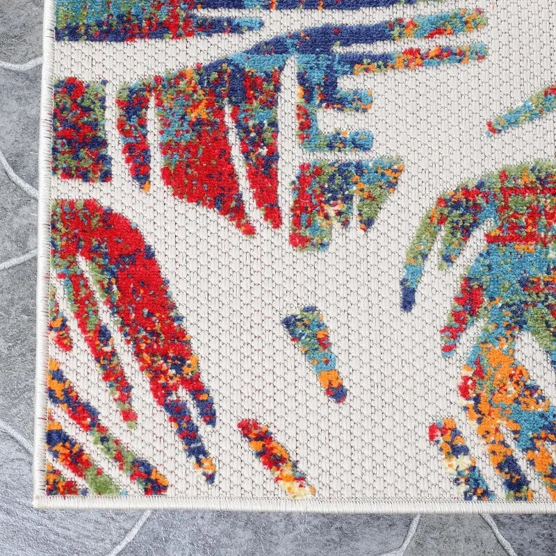 Indoor Outdoor Area Rug, Floor Decor Perfect for Patio, Pool, Deck, Kitchen, Entryway, Tropical Leaves Coastal Style Ru