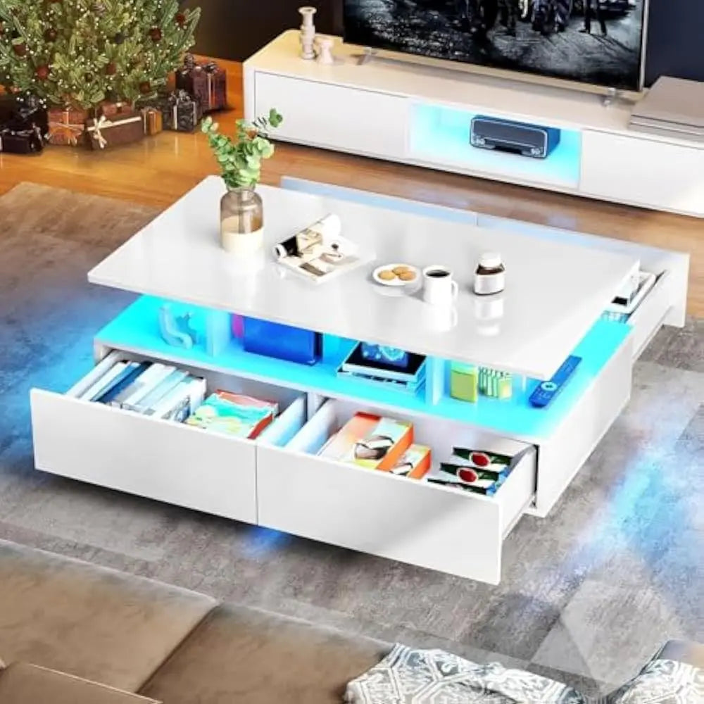 LED Coffee Table With 4 Sliding Drawers And Open Display Shelf