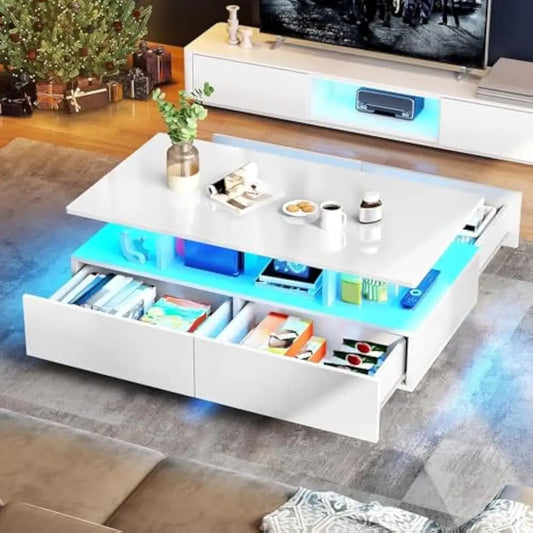 LED Coffee Table With 4 Sliding Drawers And Open Display Shelf