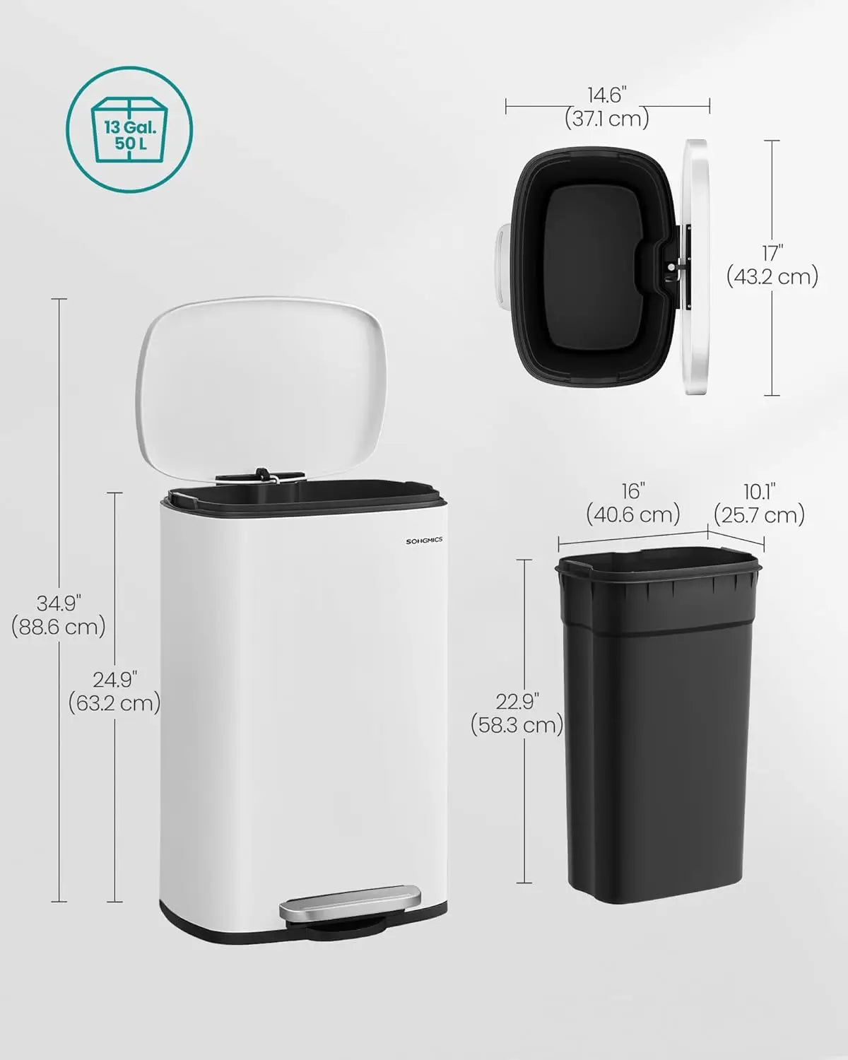 13 Gallon (50 L) Trash Can, Stainless Steel Kitchen Garbage Can, Recycling or Waste Bin, Soft Close, Step-On Pedal, White